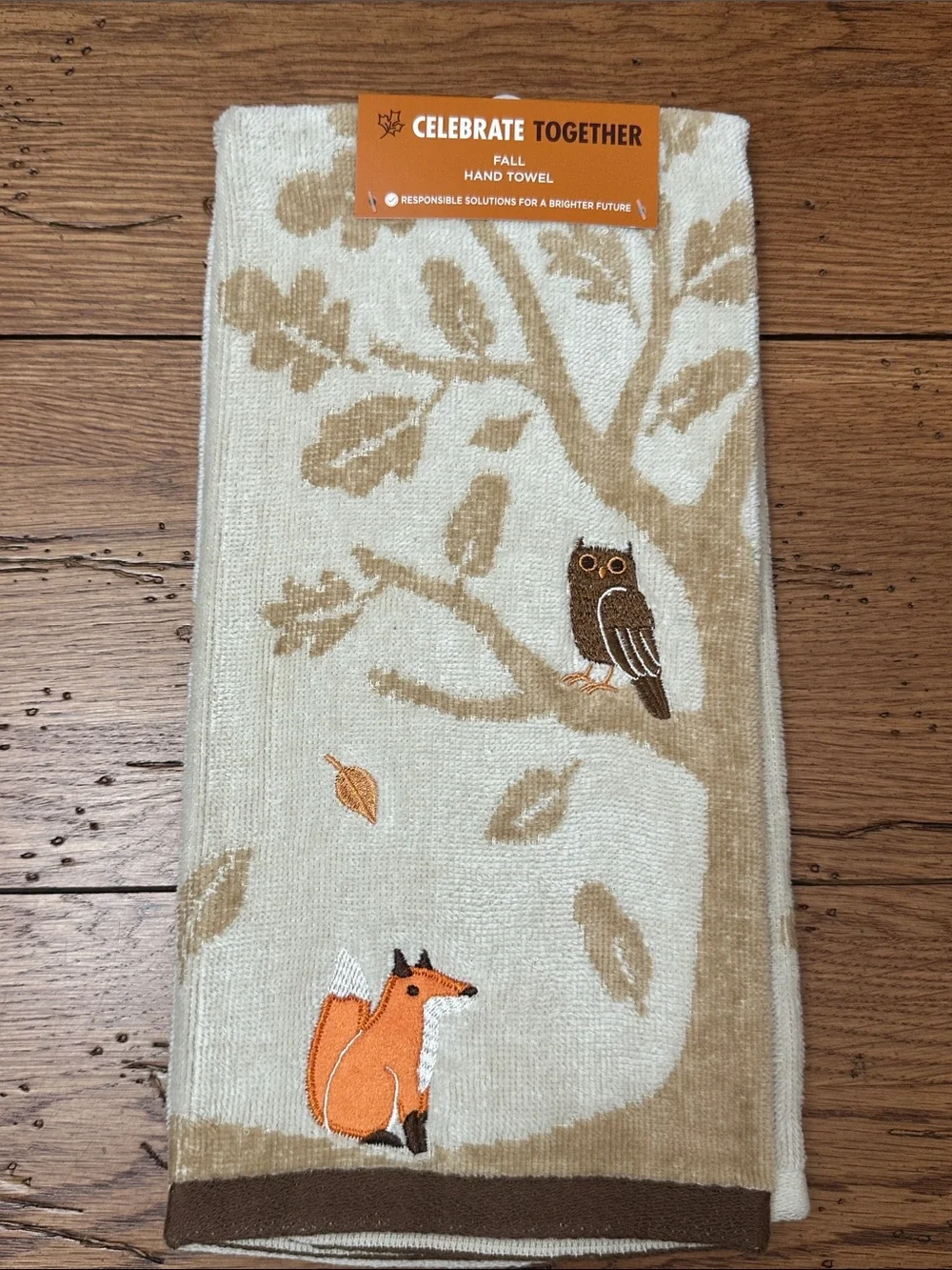 Celebrate Together Fall Hand Towel - Cream & Tan with Orange Fox
